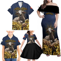 Agnus Dei Lamb of God Family Matching Off Shoulder Maxi Dress and Hawaiian Shirt Latin Catholic Art with Gold Baroque Accents