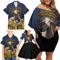 Agnus Dei Lamb of God Family Matching Off Shoulder Short Dress and Hawaiian Shirt Latin Catholic Art with Gold Baroque Accents