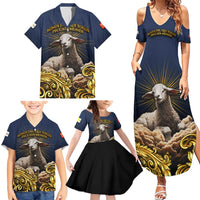 Agnus Dei Lamb of God Family Matching Summer Maxi Dress and Hawaiian Shirt Latin Catholic Art with Gold Baroque Accents