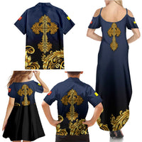Agnus Dei Lamb of God Family Matching Summer Maxi Dress and Hawaiian Shirt Latin Catholic Art with Gold Baroque Accents