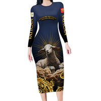Agnus Dei Lamb of God Long Sleeve Bodycon Dress Latin Catholic Art with Gold Baroque Accents