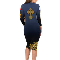 Agnus Dei Lamb of God Long Sleeve Bodycon Dress Latin Catholic Art with Gold Baroque Accents
