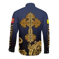 Agnus Dei Lamb of God Long Sleeve Button Shirt Latin Catholic Art with Gold Baroque Accents