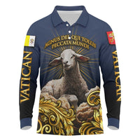 Agnus Dei Lamb of God Long Sleeve Polo Shirt Latin Catholic Art with Gold Baroque Accents