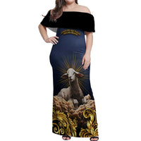 Agnus Dei Lamb of God Off Shoulder Maxi Dress Latin Catholic Art with Gold Baroque Accents