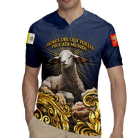Agnus Dei Lamb of God Rugby Jersey Latin Catholic Art with Gold Baroque Accents