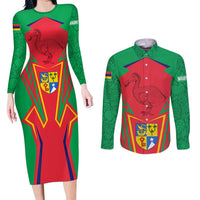 Mauritius Coat of Arms Couples Matching Long Sleeve Bodycon Dress and Long Sleeve Button Shirt National Emblem Blended with Traditional Patterns