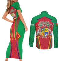 Mauritius Coat of Arms Couples Matching Short Sleeve Bodycon Dress and Long Sleeve Button Shirt National Emblem Blended with Traditional Patterns
