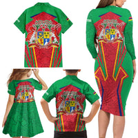 Mauritius Coat of Arms Family Matching Long Sleeve Bodycon Dress and Hawaiian Shirt National Emblem Blended with Traditional Patterns
