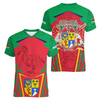 Mauritius Coat of Arms Women V-Neck T-Shirt National Emblem Blended with Traditional Patterns