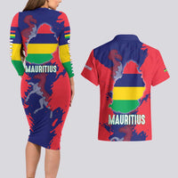Mauritius Couples Matching Long Sleeve Bodycon Dress and Hawaiian Shirt National Emblem Integrated with Country's Shape – Symbolic Design