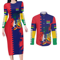 Mauritius Couples Matching Long Sleeve Bodycon Dress and Long Sleeve Button Shirt National Emblem Integrated with Country's Shape – Symbolic Design