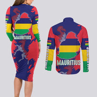 Mauritius Couples Matching Long Sleeve Bodycon Dress and Long Sleeve Button Shirt National Emblem Integrated with Country's Shape – Symbolic Design