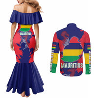 Mauritius Couples Matching Mermaid Dress and Long Sleeve Button Shirt National Emblem Integrated with Country's Shape – Symbolic Design