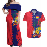 Mauritius Couples Matching Off Shoulder Maxi Dress and Hawaiian Shirt National Emblem Integrated with Country's Shape – Symbolic Design