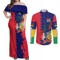 Mauritius Couples Matching Off Shoulder Maxi Dress and Long Sleeve Button Shirt National Emblem Integrated with Country's Shape – Symbolic Design