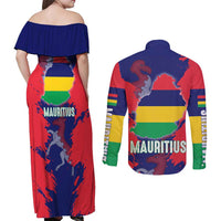 Mauritius Couples Matching Off Shoulder Maxi Dress and Long Sleeve Button Shirt National Emblem Integrated with Country's Shape – Symbolic Design