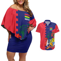 Mauritius Couples Matching Off Shoulder Short Dress and Hawaiian Shirt National Emblem Integrated with Country's Shape – Symbolic Design