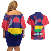 Mauritius Couples Matching Off Shoulder Short Dress and Hawaiian Shirt National Emblem Integrated with Country's Shape – Symbolic Design