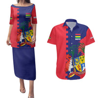 Mauritius Couples Matching Puletasi and Hawaiian Shirt National Emblem Integrated with Country's Shape – Symbolic Design