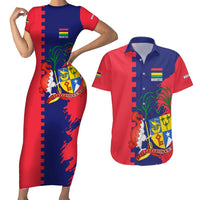 Mauritius Couples Matching Short Sleeve Bodycon Dress and Hawaiian Shirt National Emblem Integrated with Country's Shape – Symbolic Design