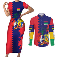 Mauritius Couples Matching Short Sleeve Bodycon Dress and Long Sleeve Button Shirt National Emblem Integrated with Country's Shape – Symbolic Design