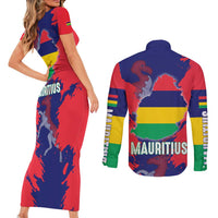 Mauritius Couples Matching Short Sleeve Bodycon Dress and Long Sleeve Button Shirt National Emblem Integrated with Country's Shape – Symbolic Design