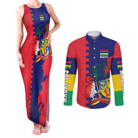 Mauritius Couples Matching Tank Maxi Dress and Long Sleeve Button Shirt National Emblem Integrated with Country's Shape – Symbolic Design