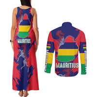 Mauritius Couples Matching Tank Maxi Dress and Long Sleeve Button Shirt National Emblem Integrated with Country's Shape – Symbolic Design