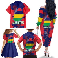 Mauritius Family Matching Off The Shoulder Long Sleeve Dress and Hawaiian Shirt National Emblem Integrated with Country's Shape – Symbolic Design