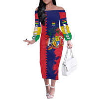 Mauritius Family Matching Off The Shoulder Long Sleeve Dress and Hawaiian Shirt National Emblem Integrated with Country's Shape – Symbolic Design