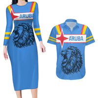 Aruba Couples Matching Long Sleeve Bodycon Dress and Hawaiian Shirt National Emblem Featuring the Lion Symbol - Majestic Design
