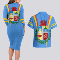 Aruba Couples Matching Long Sleeve Bodycon Dress and Hawaiian Shirt National Emblem Featuring the Lion Symbol - Majestic Design