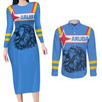 Aruba Couples Matching Long Sleeve Bodycon Dress and Long Sleeve Button Shirt National Emblem Featuring the Lion Symbol - Majestic Design