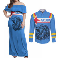 Aruba Couples Matching Off Shoulder Maxi Dress and Long Sleeve Button Shirt National Emblem Featuring the Lion Symbol - Majestic Design