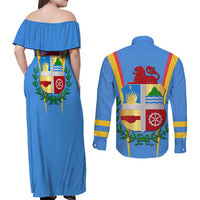 Aruba Couples Matching Off Shoulder Maxi Dress and Long Sleeve Button Shirt National Emblem Featuring the Lion Symbol - Majestic Design