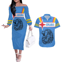 Aruba Couples Matching Off The Shoulder Long Sleeve Dress and Hawaiian Shirt National Emblem Featuring the Lion Symbol - Majestic Design