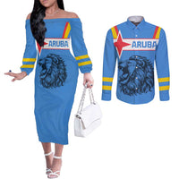 Aruba Couples Matching Off The Shoulder Long Sleeve Dress and Long Sleeve Button Shirt National Emblem Featuring the Lion Symbol - Majestic Design
