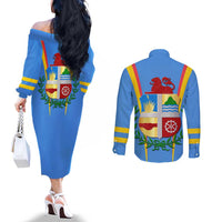 Aruba Couples Matching Off The Shoulder Long Sleeve Dress and Long Sleeve Button Shirt National Emblem Featuring the Lion Symbol - Majestic Design