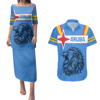 Aruba Couples Matching Puletasi and Hawaiian Shirt National Emblem Featuring the Lion Symbol - Majestic Design