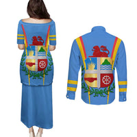 Aruba Couples Matching Puletasi and Long Sleeve Button Shirt National Emblem Featuring the Lion Symbol - Majestic Design
