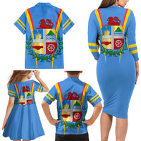 Aruba Family Matching Long Sleeve Bodycon Dress and Hawaiian Shirt National Emblem Featuring the Lion Symbol - Majestic Design