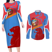 Aruba Flag Couples Matching Long Sleeve Bodycon Dress and Long Sleeve Button Shirt Elements Merged with Country's Shape – Unique National Design