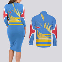 Aruba Flag Couples Matching Long Sleeve Bodycon Dress and Long Sleeve Button Shirt Elements Merged with Country's Shape – Unique National Design