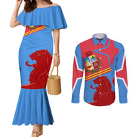 Aruba Flag Couples Matching Mermaid Dress and Long Sleeve Button Shirt Elements Merged with Country's Shape – Unique National Design