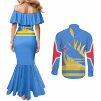 Aruba Flag Couples Matching Mermaid Dress and Long Sleeve Button Shirt Elements Merged with Country's Shape – Unique National Design