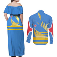 Aruba Flag Couples Matching Off Shoulder Maxi Dress and Long Sleeve Button Shirt Elements Merged with Country's Shape – Unique National Design