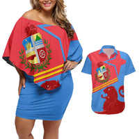 Aruba Flag Couples Matching Off Shoulder Short Dress and Hawaiian Shirt Elements Merged with Country's Shape – Unique National Design