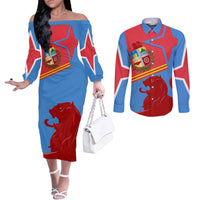 Aruba Flag Couples Matching Off The Shoulder Long Sleeve Dress and Long Sleeve Button Shirt Elements Merged with Country's Shape – Unique National Design