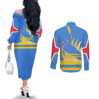Aruba Flag Couples Matching Off The Shoulder Long Sleeve Dress and Long Sleeve Button Shirt Elements Merged with Country's Shape – Unique National Design